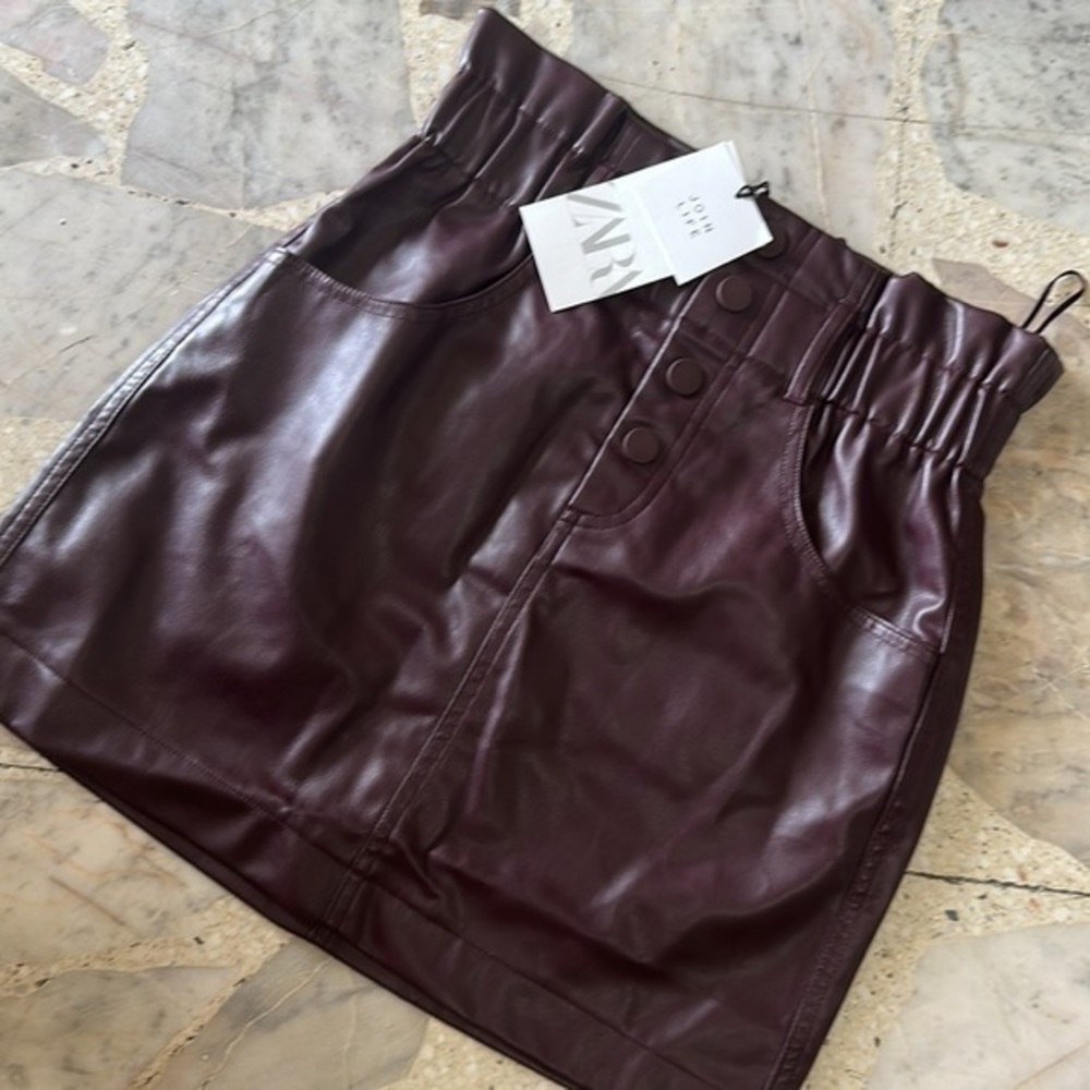 ZARA Faux Leather Paper Bag Hi-Waist Mini Skirt with pockets 5427/150 - Picture 7 of 11